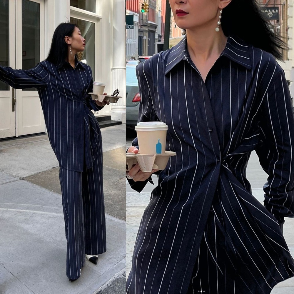 ALIGNE Pinstripe Lyocell Linen Wrap Front Shirt and Wide Leg Pants Sets Size 2 - Picture 2 of 15